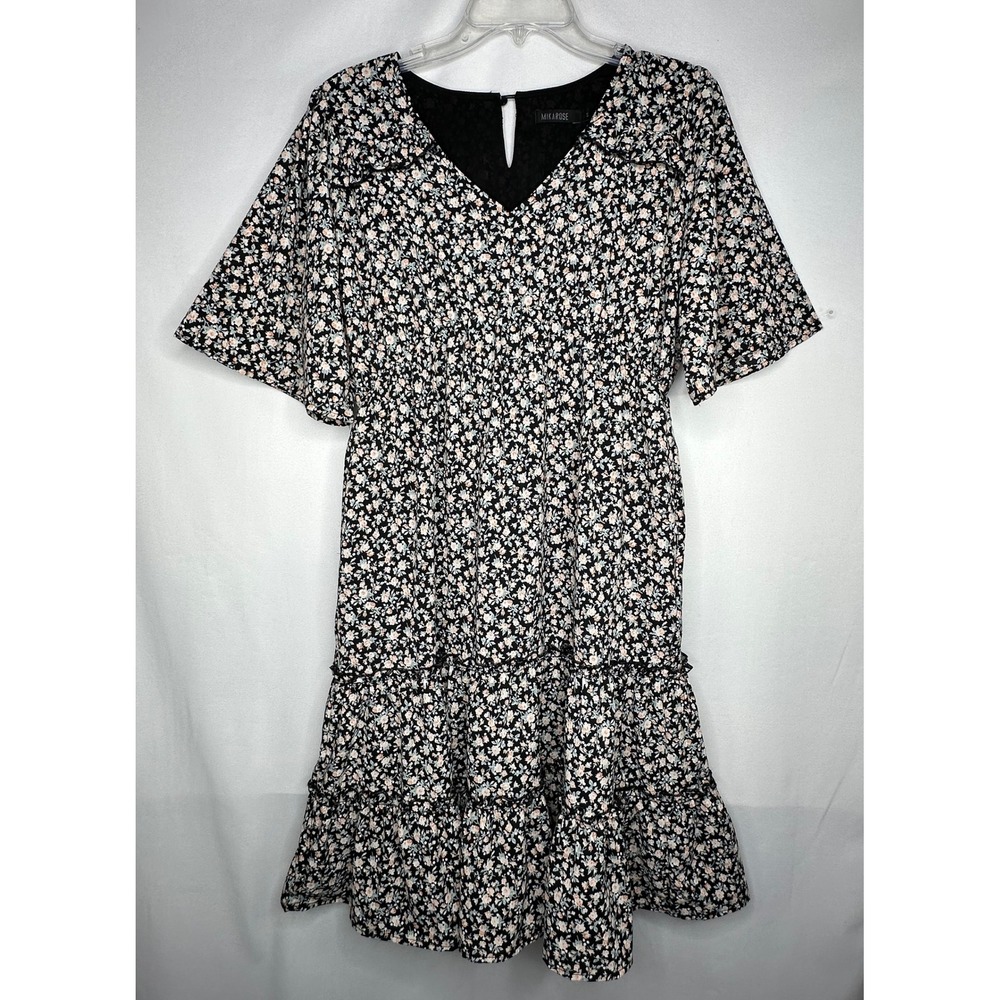 Mikarose Black Floral Tiered Midi Dress V-Neck Bohemian Small